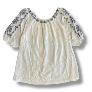 Entro Ivory Embroidered Peasant Boho Top Women’s M Navy Embroidery, Lined, Flowy